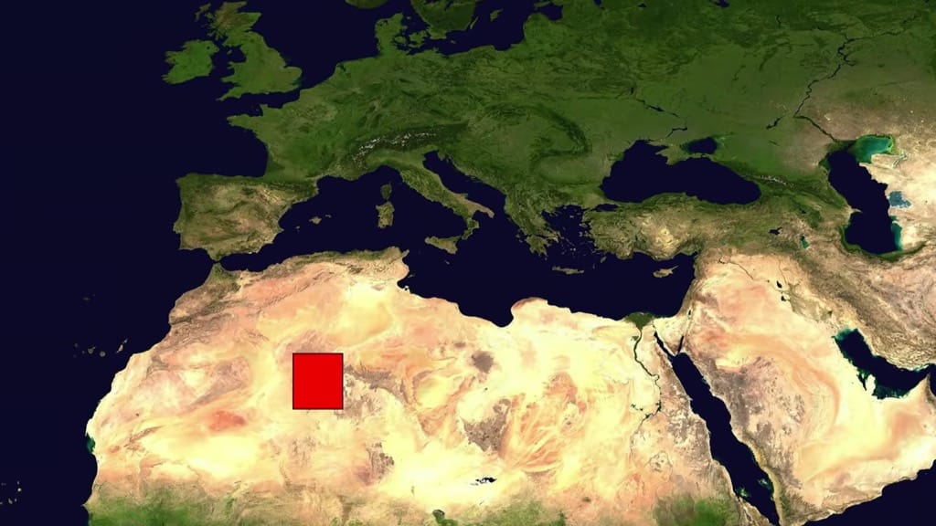 le carré rouge dans le Sahara, qui fait à peu près un quart de la France, représente la surface de panneaux solaires permettant d'alimenter, la planète entière en électricité