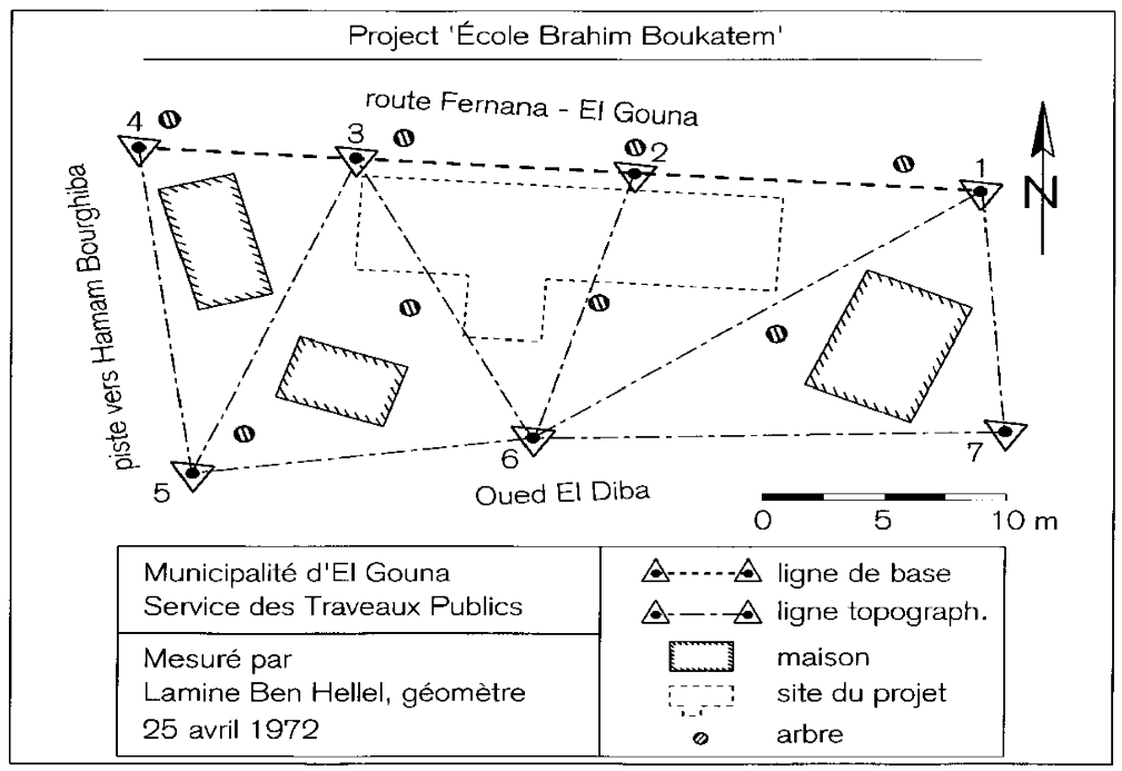 Carte d'un site imaginaire obtenue à partir du croquis de  terrain de la figure 1. On part du principe que la carte originale est  à l'échelle 1:100