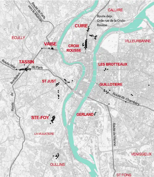 Carte de répartition des habitations en pisé à Lyon selon l’inventaire réalisé à ce jour